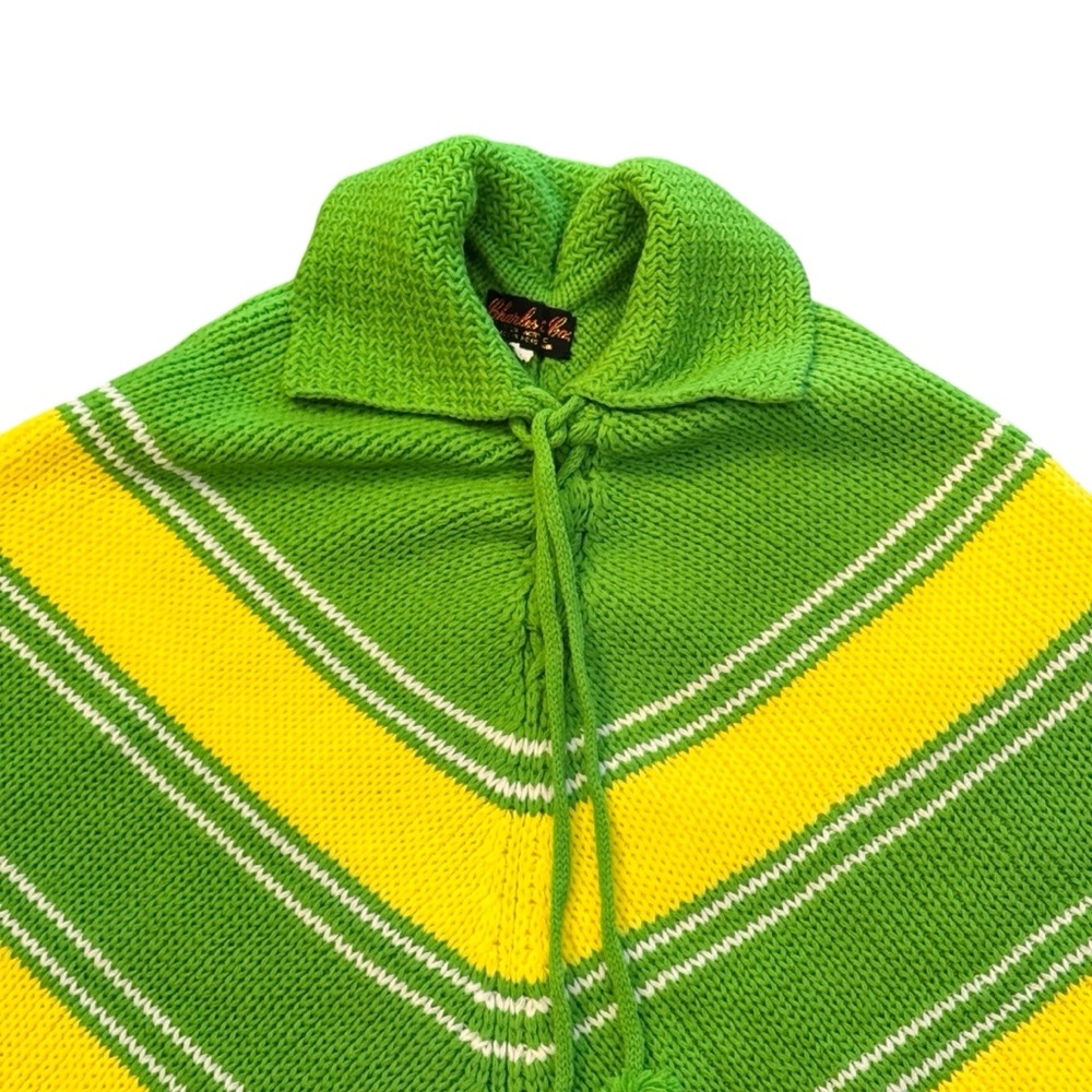 70s Vintage Green and Yellow Chevron Print Knit Swewater Lace up Poncho - L - Picture 2 of 5